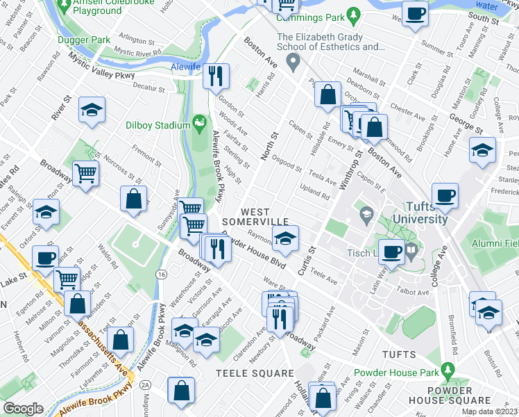 map of restaurants, bars, coffee shops, grocery stores, and more near 11 College Hill Road in Somerville