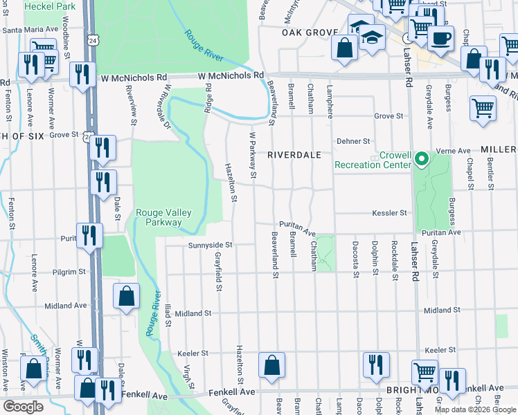 map of restaurants, bars, coffee shops, grocery stores, and more near 16100 West Parkway Street in Detroit