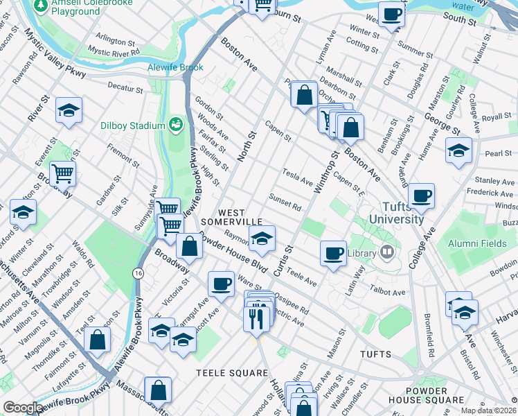 map of restaurants, bars, coffee shops, grocery stores, and more near 127 Hillsdale Road in Somerville