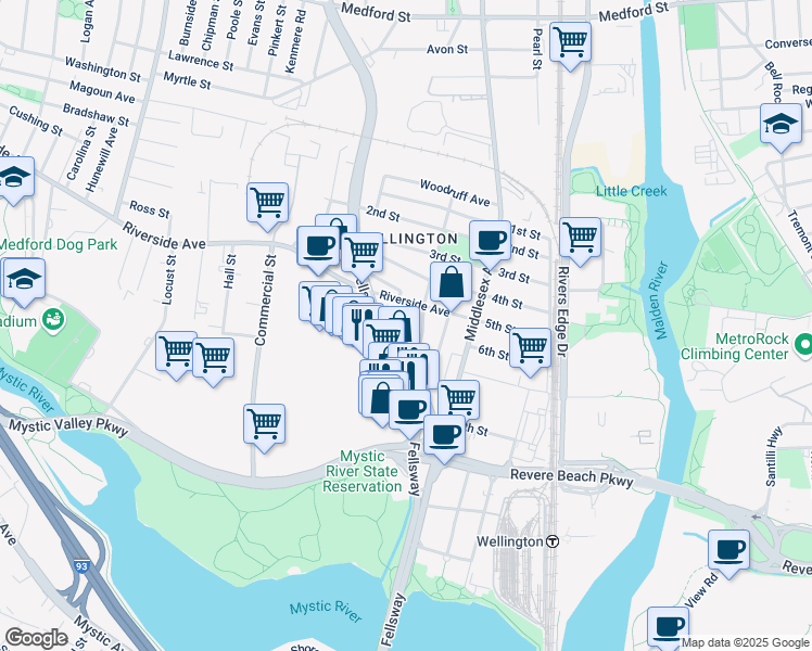 map of restaurants, bars, coffee shops, grocery stores, and more near 691 Fellsway in Medford