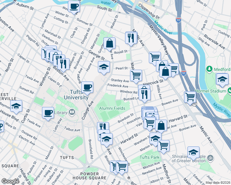 map of restaurants, bars, coffee shops, grocery stores, and more near 160A College Avenue in Medford