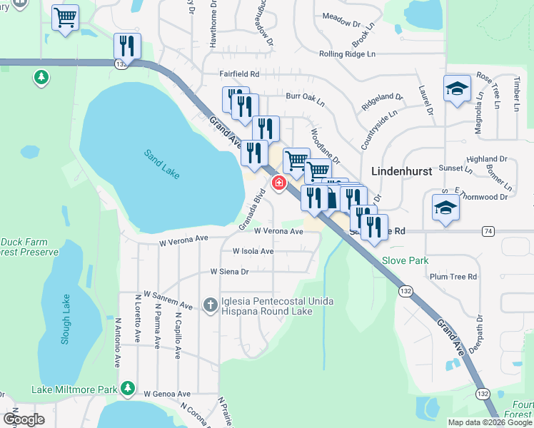 map of restaurants, bars, coffee shops, grocery stores, and more near 37506 Columbus Avenue in Lake Villa
