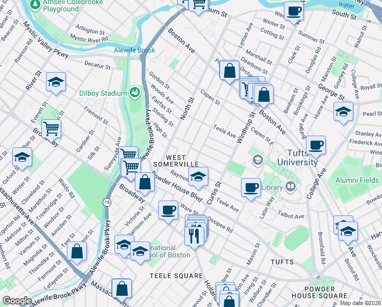 map of restaurants, bars, coffee shops, grocery stores, and more near 54 Curtis Avenue in Somerville