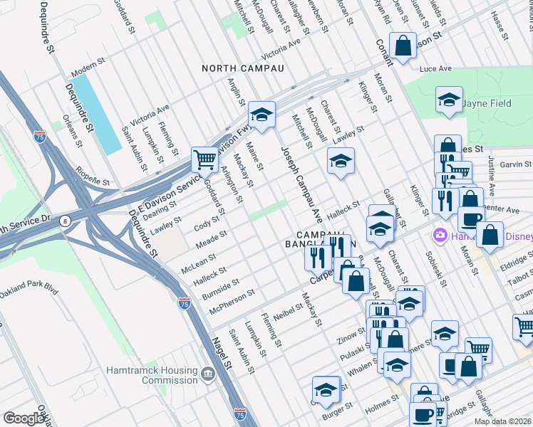map of restaurants, bars, coffee shops, grocery stores, and more near 12411 Mackay Street in Hamtramck
