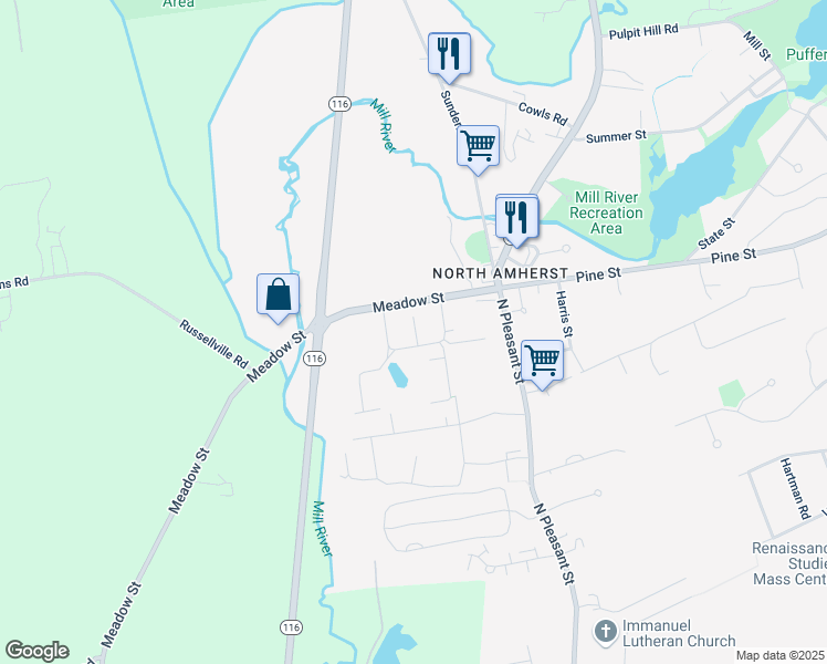 map of restaurants, bars, coffee shops, grocery stores, and more near 50 Meadow Street in Amherst