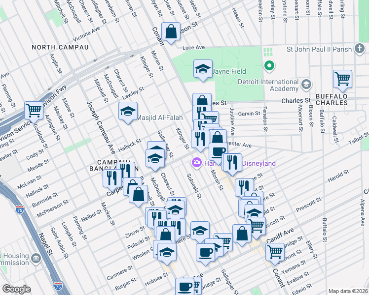 map of restaurants, bars, coffee shops, grocery stores, and more near 12233 Klinger St in Detroit