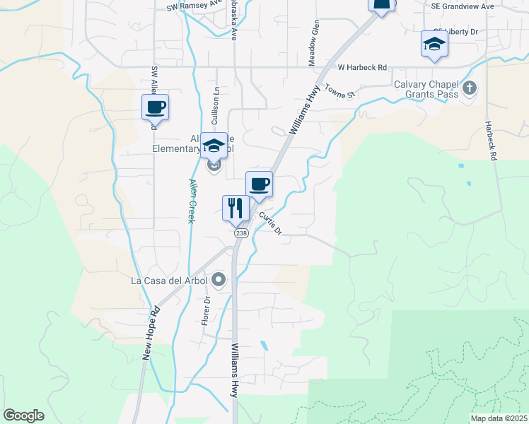 map of restaurants, bars, coffee shops, grocery stores, and more near 150 Curtis Drive in Grants Pass