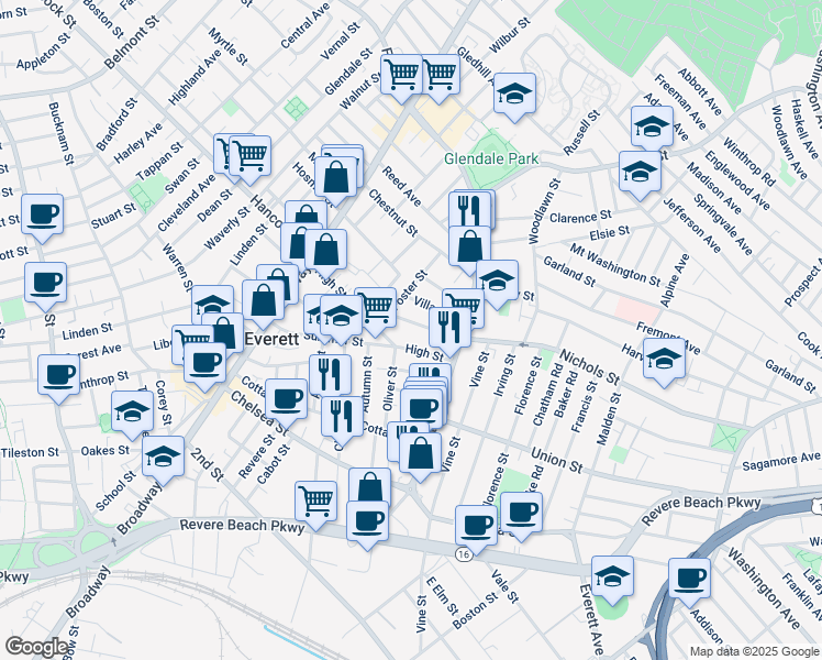 map of restaurants, bars, coffee shops, grocery stores, and more near 131 High Street in Everett