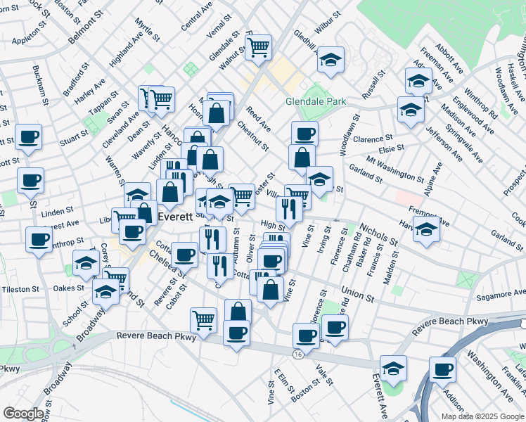 map of restaurants, bars, coffee shops, grocery stores, and more near 105 Summer Street in Everett
