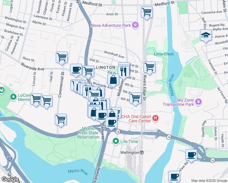 map of restaurants, bars, coffee shops, grocery stores, and more near 167 Middlesex Avenue in Medford