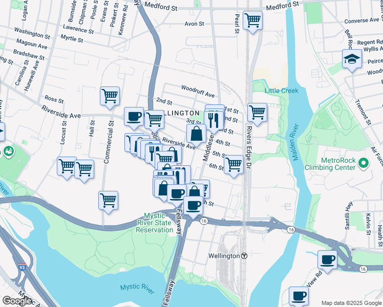 map of restaurants, bars, coffee shops, grocery stores, and more near 11 Bradbury Avenue in Medford