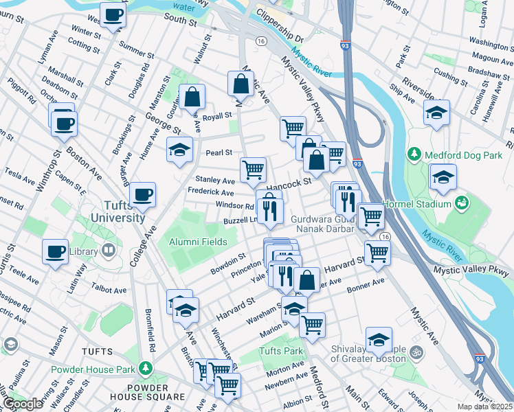 map of restaurants, bars, coffee shops, grocery stores, and more near 308 Main Street in Medford
