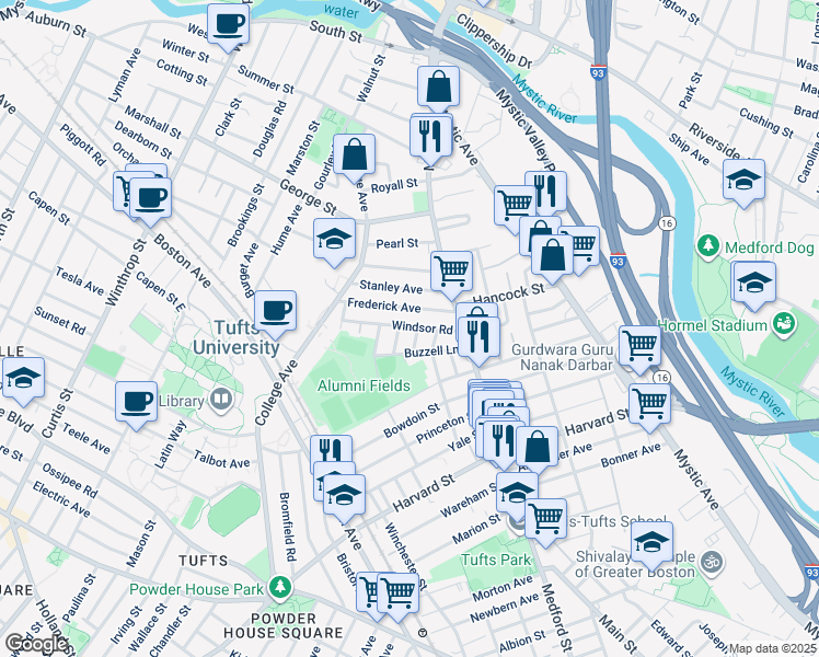 map of restaurants, bars, coffee shops, grocery stores, and more near 26 Renfrew Street in Medford