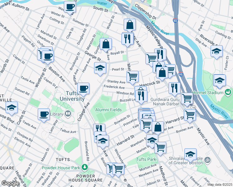 map of restaurants, bars, coffee shops, grocery stores, and more near 26 Renfrew Street in Medford