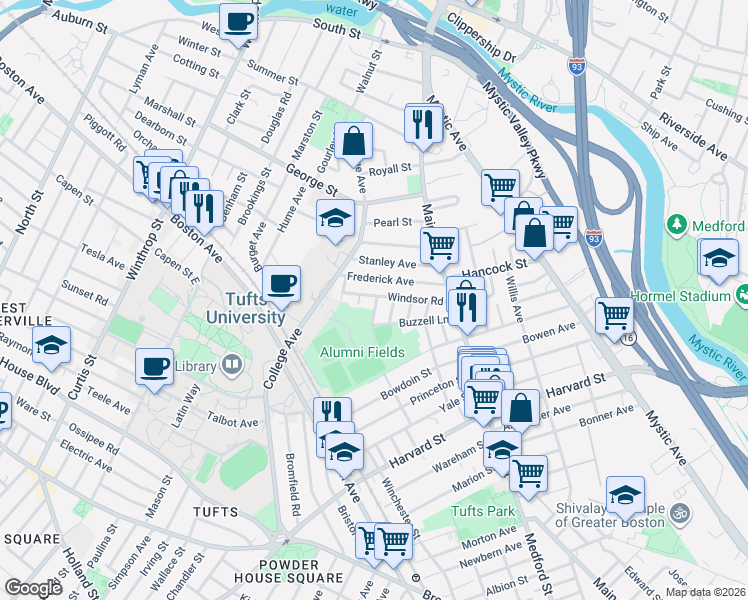 map of restaurants, bars, coffee shops, grocery stores, and more near 160A College Avenue in Medford