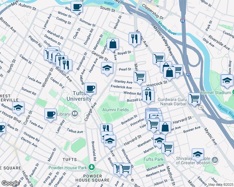 map of restaurants, bars, coffee shops, grocery stores, and more near 160A College Avenue in Medford