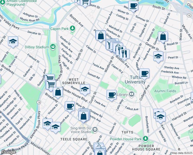 map of restaurants, bars, coffee shops, grocery stores, and more near in Somerville