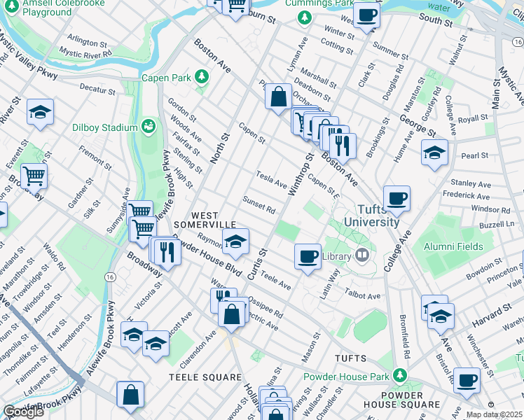 map of restaurants, bars, coffee shops, grocery stores, and more near 27 Curtis Avenue in Somerville