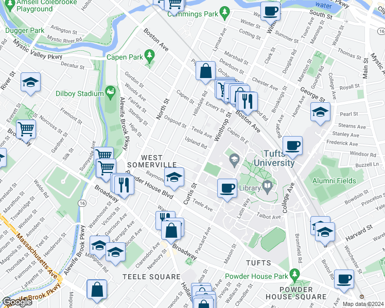 map of restaurants, bars, coffee shops, grocery stores, and more near 27 Curtis Avenue in Somerville
