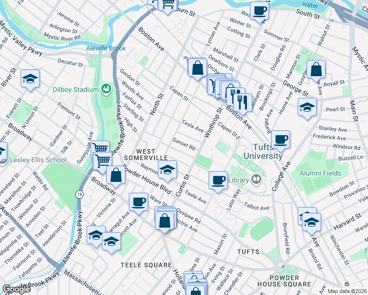 map of restaurants, bars, coffee shops, grocery stores, and more near 27 Curtis Avenue in Somerville