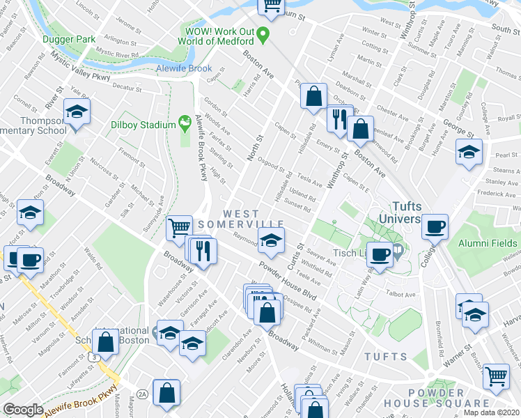 map of restaurants, bars, coffee shops, grocery stores, and more near 54 Curtis Avenue in Somerville