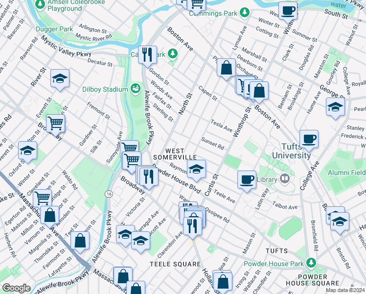 map of restaurants, bars, coffee shops, grocery stores, and more near in Somerville