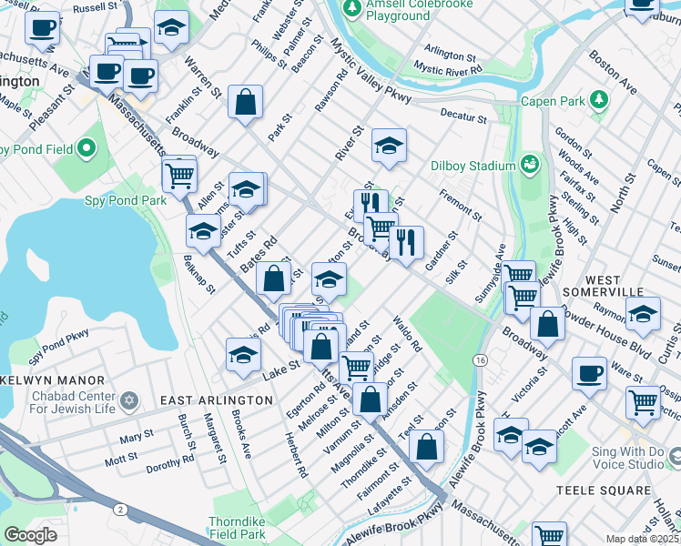 map of restaurants, bars, coffee shops, grocery stores, and more near 34 Winter Street in Arlington