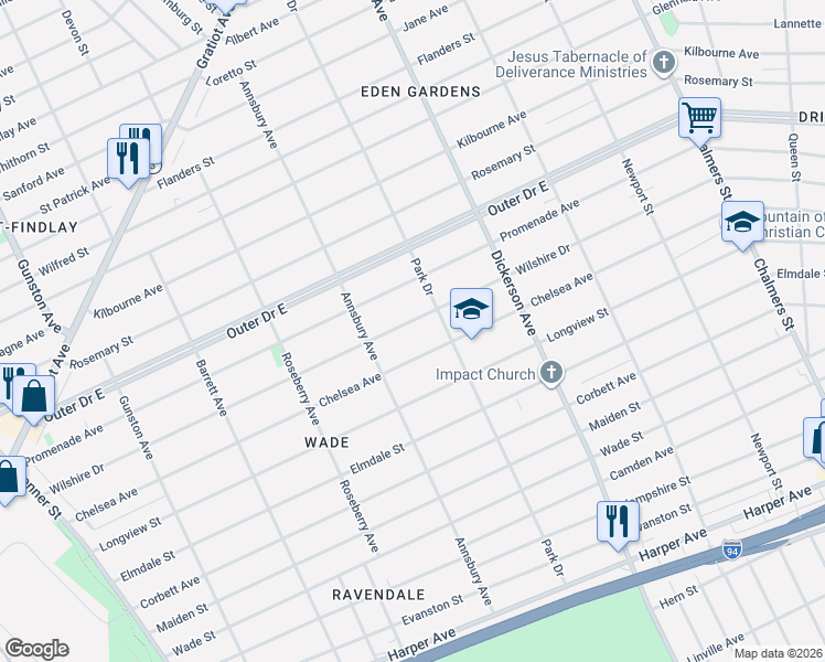 map of restaurants, bars, coffee shops, grocery stores, and more near 12587 Chelsea Avenue in Detroit