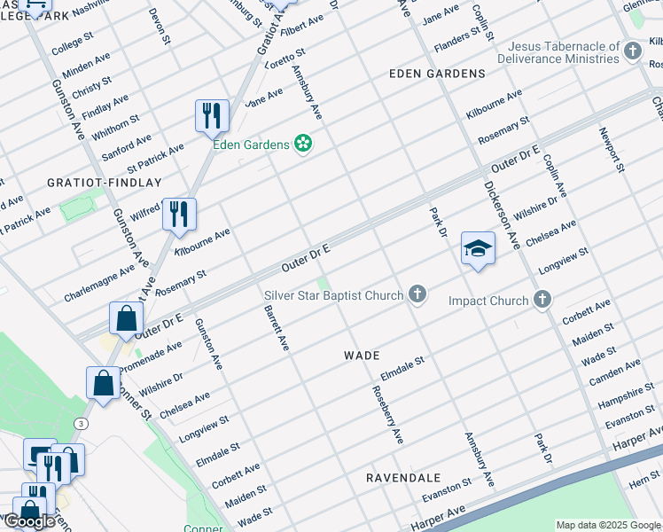map of restaurants, bars, coffee shops, grocery stores, and more near 12231 Wilshire Drive in Detroit