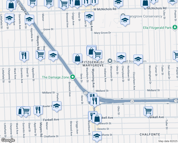map of restaurants, bars, coffee shops, grocery stores, and more near 15805 Wyoming Avenue in Detroit