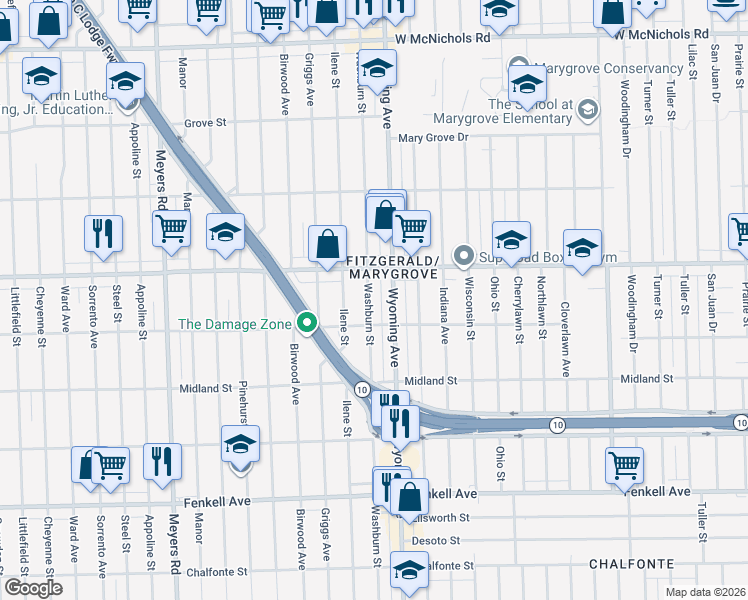 map of restaurants, bars, coffee shops, grocery stores, and more near 15801 Washburn Street in Detroit