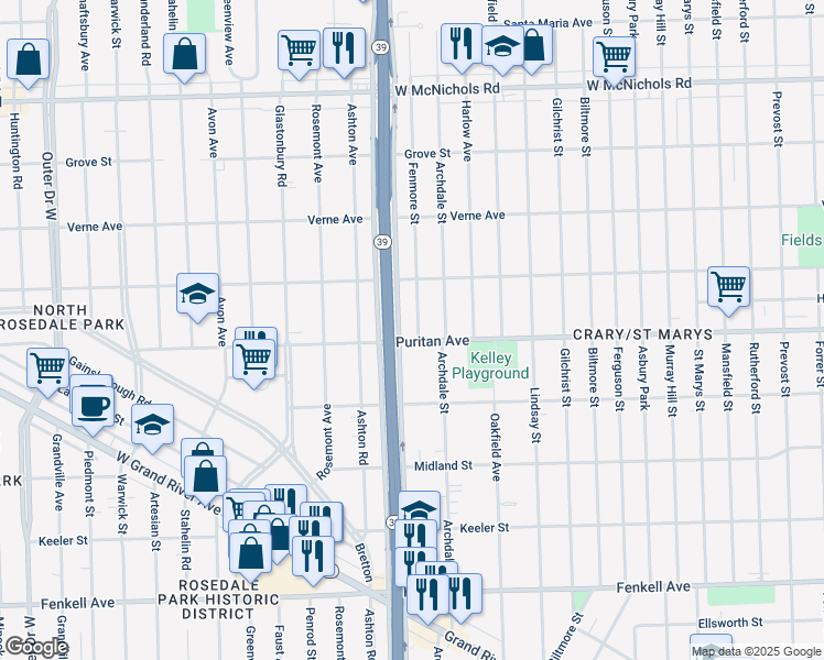 map of restaurants, bars, coffee shops, grocery stores, and more near 17725 Puritan Avenue in Detroit