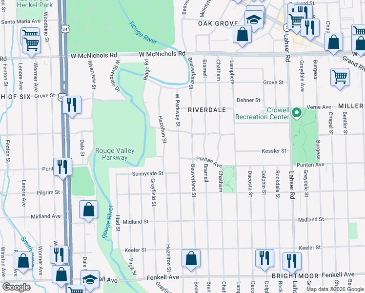 map of restaurants, bars, coffee shops, grocery stores, and more near 16100 West Parkway Street in Detroit