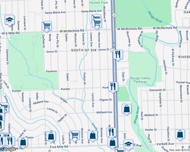 map of restaurants, bars, coffee shops, grocery stores, and more near 16149 Wormer in Detroit