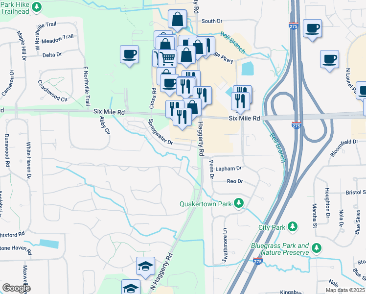 map of restaurants, bars, coffee shops, grocery stores, and more near 39446 Springwater Drive in Northville