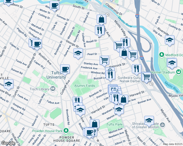 map of restaurants, bars, coffee shops, grocery stores, and more near 11 Renfrew Street in Medford