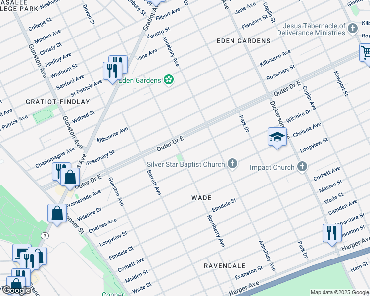 map of restaurants, bars, coffee shops, grocery stores, and more near 12231 Wilshire Drive in Detroit