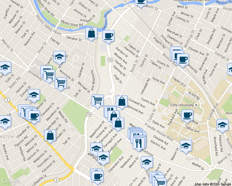 map of restaurants, bars, coffee shops, grocery stores, and more near 68 North Street in Somerville