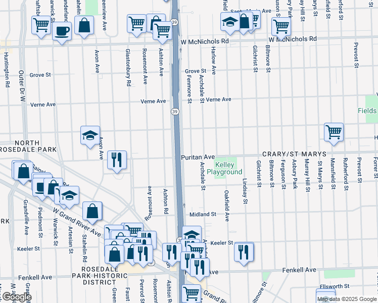 map of restaurants, bars, coffee shops, grocery stores, and more near 17725 Puritan Avenue in Detroit