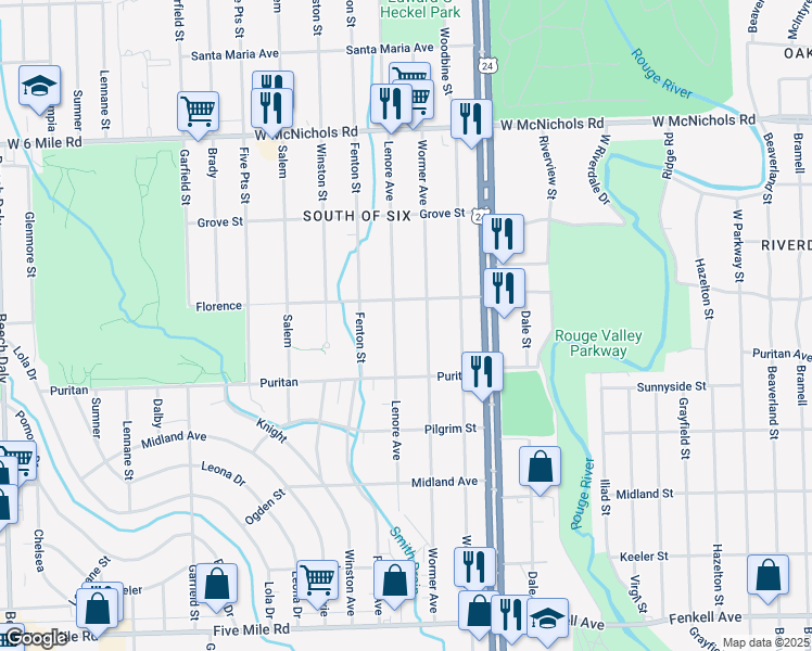 map of restaurants, bars, coffee shops, grocery stores, and more near 16149 Wormer in Detroit