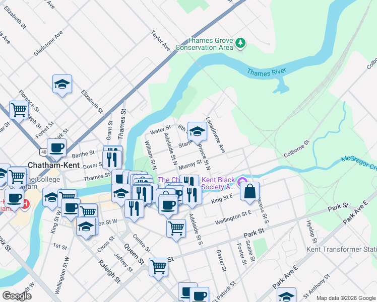 map of restaurants, bars, coffee shops, grocery stores, and more near in Chatham