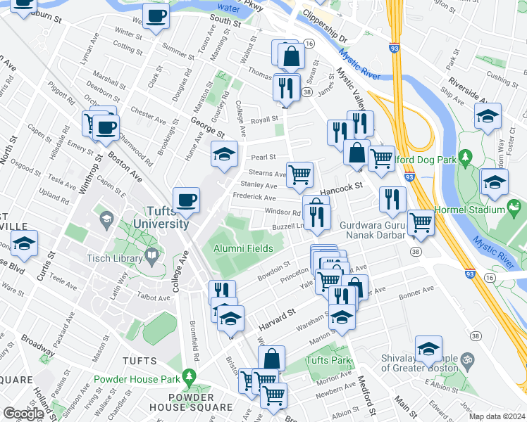 map of restaurants, bars, coffee shops, grocery stores, and more near 7 Renfrew Street in Medford