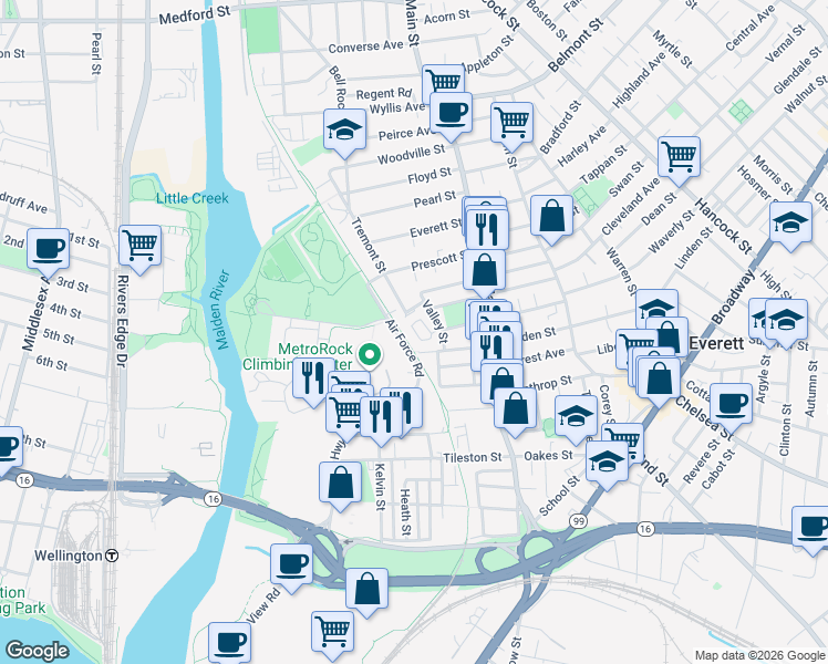 map of restaurants, bars, coffee shops, grocery stores, and more near 12 Valley Street in Everett