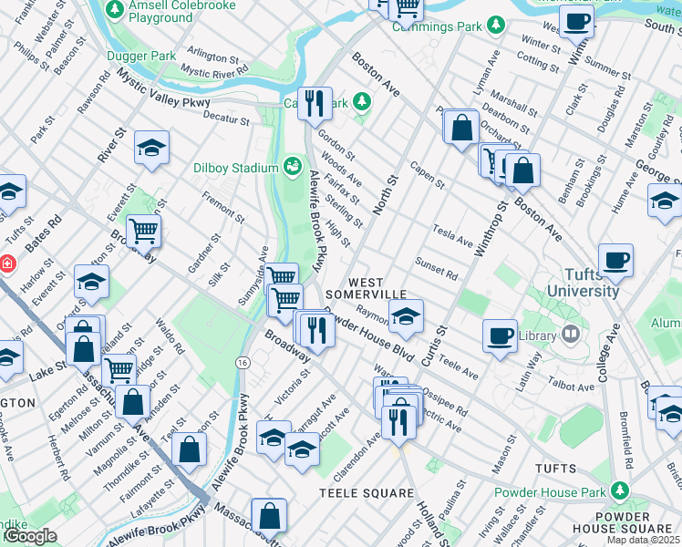 map of restaurants, bars, coffee shops, grocery stores, and more near 88 North Street in Somerville