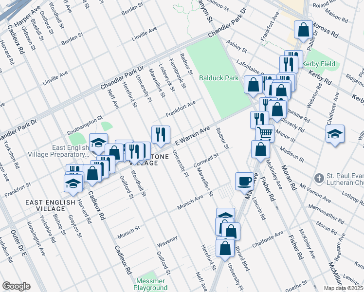 map of restaurants, bars, coffee shops, grocery stores, and more near 17751 East Warren Avenue in Detroit