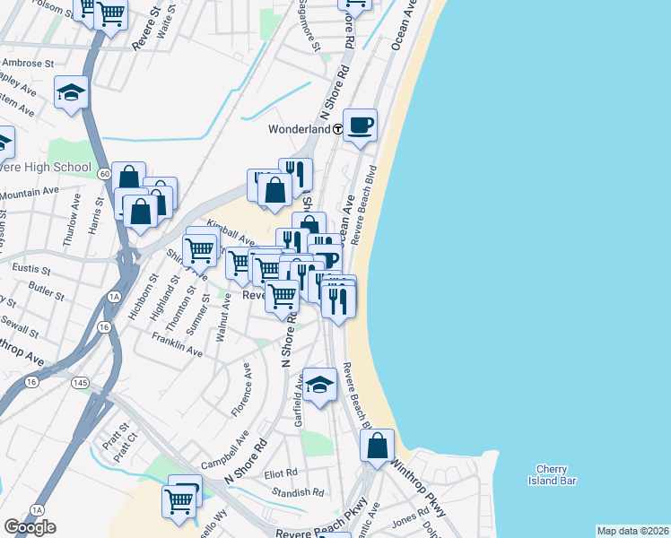 map of restaurants, bars, coffee shops, grocery stores, and more near 360 Ocean Avenue in Revere