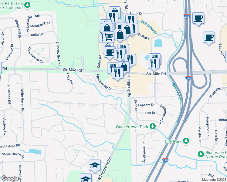 map of restaurants, bars, coffee shops, grocery stores, and more near 39412 Springwater Drive in Northville
