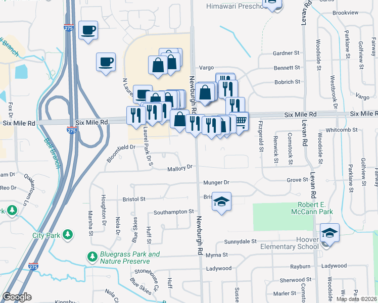 map of restaurants, bars, coffee shops, grocery stores, and more near 17001 Newburgh Road in Livonia