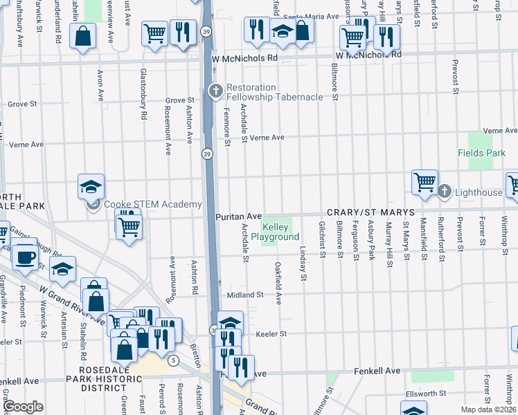 map of restaurants, bars, coffee shops, grocery stores, and more near 16175 Harlow Avenue in Detroit