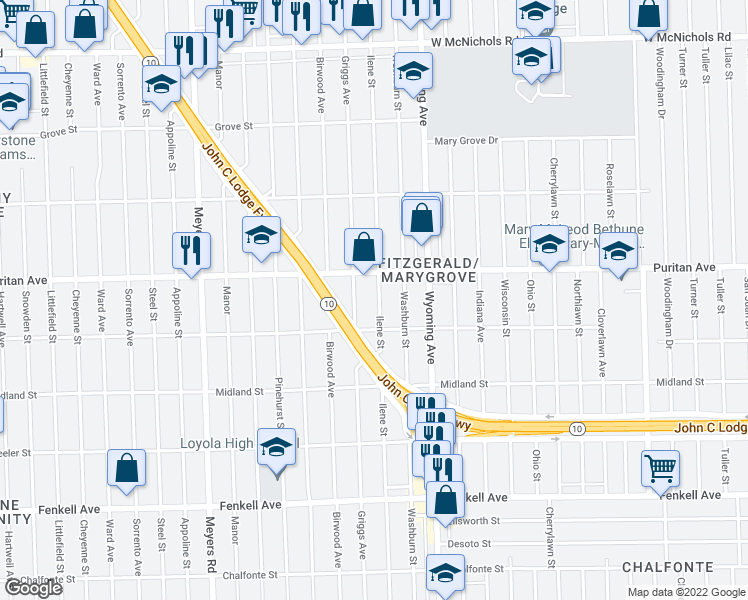 map of restaurants, bars, coffee shops, grocery stores, and more near 15863 Ilene Street in Detroit